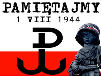 Na biało-czerwonym tle znak Polski Walczącej, mały powstaniec i napis pamiętamy 1 VIII 1944
