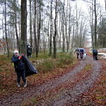 Ludzie z workami zbierający śmieci w lesie