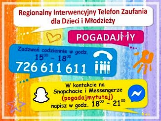 Kolorowy baner (żółty, różowy, pomarańczowy, niebieski) a na nim numer telefonu zaufania i kontakt na snapchacie i messengerze