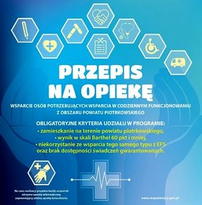 plakat na niebieskim tle sześciokąty z róznymi potrzebami zdrowotnymi; napis przepis na opiekę