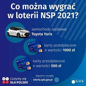 Na niebieskim tle napis co mozna wygrac w loterii NSP 2021 samochód karty rzedpłacone