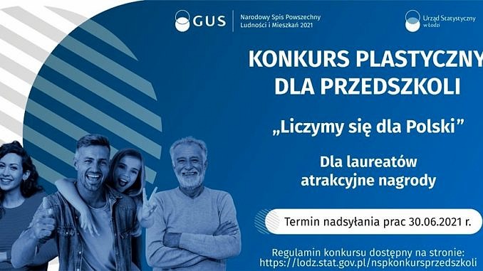 Plakat GUS dotyczący Spisu Powszechnego - na niebieskim tle na dole 4 uśmiechnięte osoby; obok napis konkurs plastyczny dla przedszkoli (treść jak w informacji)