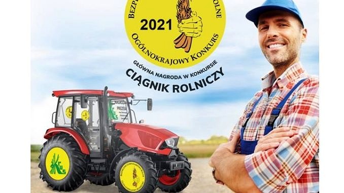 plakat - młody rolnik w kraciastej koszuli i w czapeczce niebieskiej z daszkiem obok ciągnik rolniczy; na górze żółte kółko a w nim napis Bezpieczne Gospodarstwo Rolne 2021 ogólnokrajowy konkurs