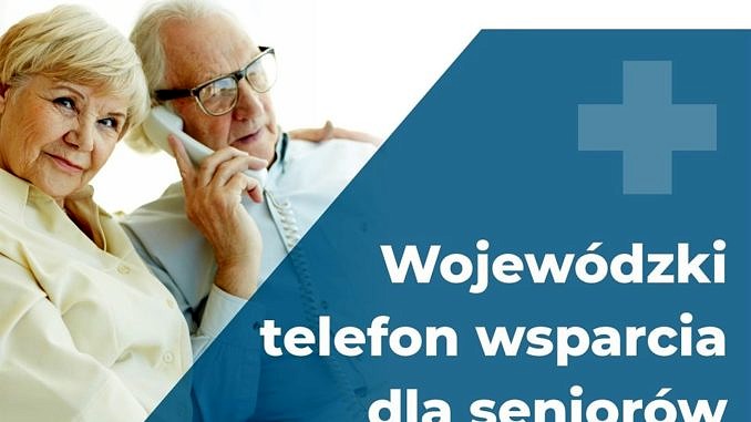 Plakat biało-niebieski: dwoje starszych ludzi przy telefonie; napis Wojewódzki telefon wsparcia dla seniorów