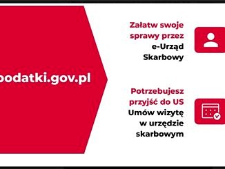 Z lewej strony napis podatki.gov.pl, po prawej stronie napis Załatw swoje sprawy przez e-Urząd Skarbowy, niżej Potrzebujesz przyjść do US - Umów wizytę w urzędzie skarbowym