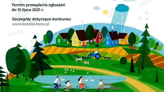 kolorowy rysunek z jeziorkiem domkami i jadącą na rowerach rodziną; informacje jak w treści