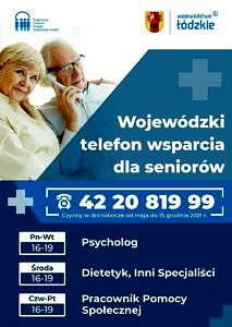 Plakat biało-niebieski: dwoje starszych ludzi przy telefonie; napis Wojewódzki telefon wsparcia dla seniorów; poniżej numer 42-20-819-99 i informacja, jacy specjaliści przyjmują w poszczególnych dniach (jak w treści)
