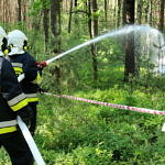 Strażacy podają wodę na teren pożaru