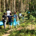 Ludzie zbierają śmieci w lesie