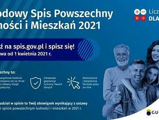 Plakat - Narodowy Spis Powszechny Ludności i Mieszkań 2021 - na niebieskim tle osoby w różnym wieku