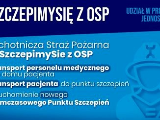 Na niebieskim tle napisz #SzczepimySie z OSP