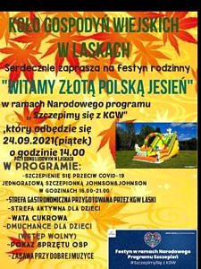 plakat na zółtym tle KGW Laski zaprasza na festyn "Witamy złotą polską jesień"