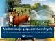 Plakat logo ARiMR na niebieskim tle napis Midernizacja gospodarstw rolnych, nad nim brązowe krowy, nawadnianie plantacji