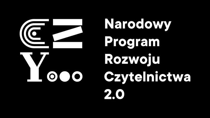 Logo Narodowego Programu Rozwoju Czytelnictwa na czarnym tle biały napis i symboliczne litery z książek