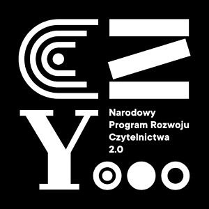 Logo Narodowego Programu Rozwoju Czytelnictwa na czarnym tle biały napis i symboliczne litery z książek