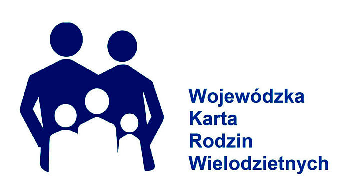 Logo Wojewódzka Karta Rodzin Wielodzietnych biało-niebieskie postaci i napisy