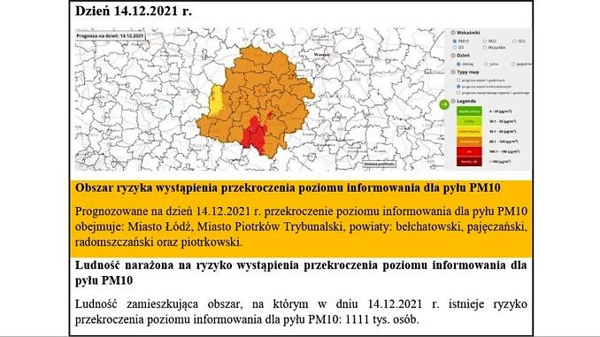 mapka województwa łódzkiego z zaznaczonym terenem ze złą jakością powietrza