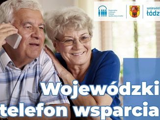 Plakat: dwoje starszych ludzi przy telefonie; napis Wojewódzki telefon wsparcia dla seniorów