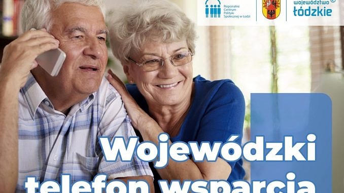 Plakat: dwoje starszych ludzi przy telefonie; napis Wojewódzki telefon wsparcia dla seniorów