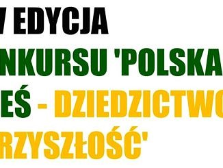 Plakat na białym tle napis XIV edycja konkursu polska wieś - dziecdzictwo i przyszłość