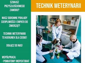 Plakat technik weterynarii - młodzi ludzie w fartuchach z psem