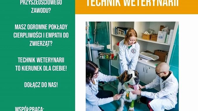 Plakat technik weterynarii - młodzi ludzie w fartuchach z psem