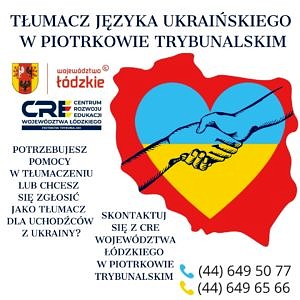 Napis tłumacz języka ukraińskiego w Piotrkowie Trybunalskim - na czerwonym zarysie granic polski niebieskożółte serce i splecione dłonie