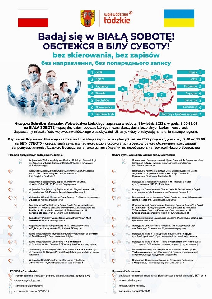 Ulotka polsko-ukraińska - wykaz badań w białą sobotę