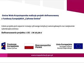 Plakat cyfrowa gmina loga europejskie i treść z tytułem dofinansowania i kwotą - jak w treści informacji