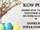 na białym tle bazie w wazonie i kolorowe jajka w koszyczku; napis KGW Poraj zaprasza na konkurs wielkanocny