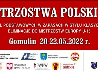 Plakat - na czerono-białym tle napis Mistrzostwa Polski U15
