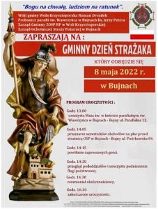 Plakat z zaproszeniem na gminny dzień strażaka z figurą św. Floriana