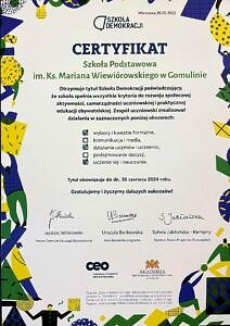 Certyfikat dla Szkoły Podstawowej w Gomulinie
