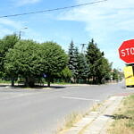 skrzyżowanie ulic Cmentarnej i Kościuszki w Woli Krzysztoporskiej z kapliczką i drzewami pośrodku