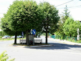 skrzyżowanie ulic Cmentarnej i Kościuszki w Woli Krzysztoporskiej z kapliczką i drzewami pośrodku