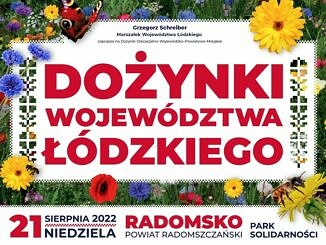 Dożynki Województwa Łódzkiego plakat- czerwony napis na białym tle, kwiatki łąka