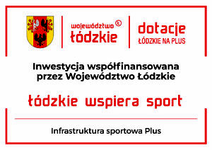 plakat - łódzkie wspiera sport; herb województwa łódzkiego; napis inwestycja współfinansowana przez Województwo Łódzkie