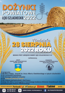 Plakat Dożynek Powiatowych w Łękach Szlacheckich na niebieskim tle ; zdjęcie rżyska z belami słomy