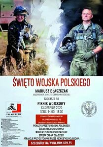 Święto Wojska Polskiego plakat - żołnież i żołnierka w mundurach bojowych - program pikniku jak w treści
