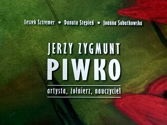 Fragment okładki książki - na zielonym tle czerwobne kwiaty i biały tytuł Jerzy Zygmunt Piwko - artysta, żołnierz, nauczyciel- Je