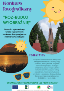 plakat konkurs fotograficzny rozbuduj wyobraźnię ze słoneczkiem i zdjęciami kościoła i jeziora