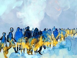 Uchodźcy - na niebieskim tle narysowany szpaler ludzi podążających w jakimś kierunku