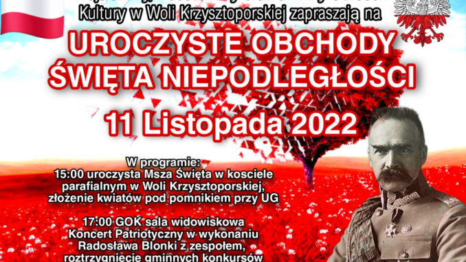 Plakat na biało-czerwonym tle informacja oochodach, na dole Piłsudski