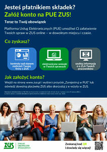 Plakat - jak założyć konto ZUS PUE - ludzie siedzący przy laptopach, tabletach, smartfonach