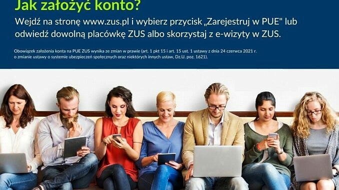 Plakat - jak założyć konto ZUS PUE - ludzie siedzący przy laptopach, tabletach, smartfonach