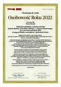 Dyplom - nominacja na Osobowość Roku 2022