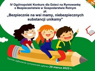 plakat na zielonym tle chmurka i dzieci frunące na ołówku; zmak KRUS