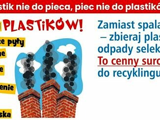 plakat:plastik nie do pieca, piec nie do plastików; dymiące kominy