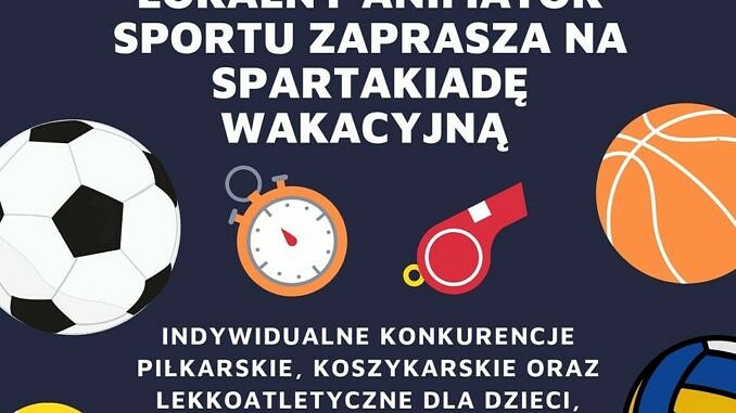 plakat zaproszenie na wakacyjną spartakiadę do Bujen na czarnym tle piłki