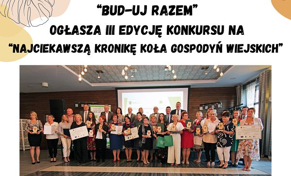 plakat LGD BUD-UJ RAZEM ogłasza konkurs na najciekawszą kronikę KGW - panie stoją z nagrodami
